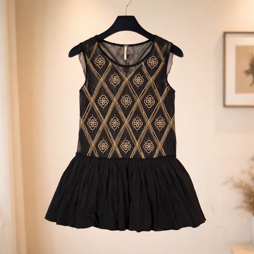 Free People Sheer Black Beaded Peplum Tunic Boho Festival Whimsygoth Size Small
